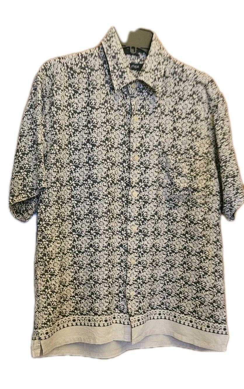 Nautica Boho Shirt Mens Sz Med Gray&Beige Floral Solid Beige Bottom Silk&Linen